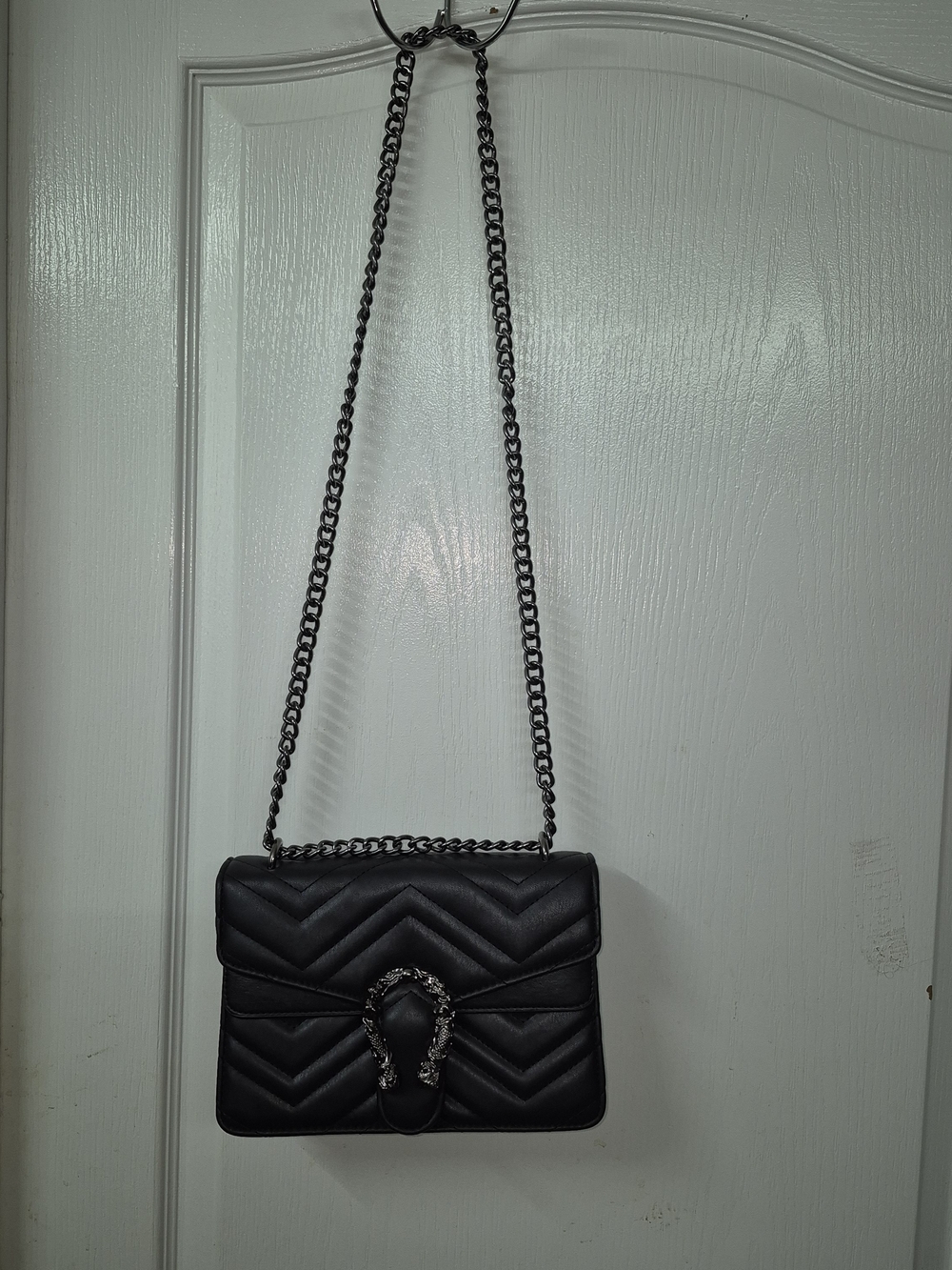 Chevron Quilted Shoulder Bag with Chain Strap - Black